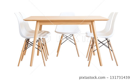 A wooden dining table with six white chairs around it A wooden dining table with six white chairs around it 131731439