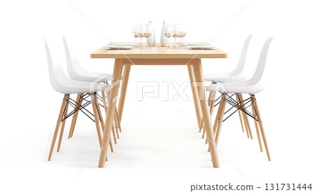 A wooden dining table with six white chairs around it 131731444