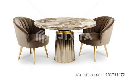 A round table with two chairs and a gold base A round table with two chairs and a gold base 131731472