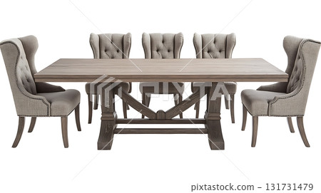A wooden dining table with six chairs around it 131731479