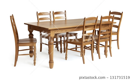 A wooden dining table with six chairs around it 131731519