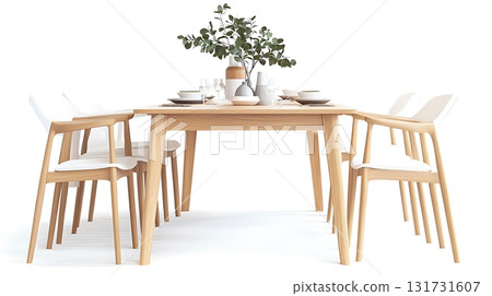 A wooden dining table with a vase of flowers in the center 131731607