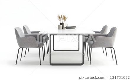 A white table with four chairs around it and a vase of flowers on it 131731632