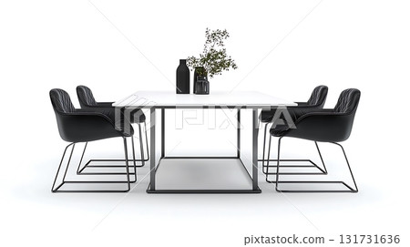 A white table with four black chairs around it 131731636