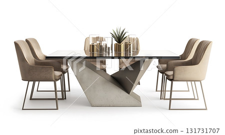 A modern glass table with a plant on top and six chairs around it A modern glass table with a plant on top and six chairs around it 131731707