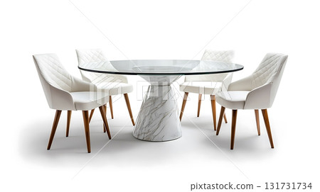A glass table with four white chairs around it 131731734