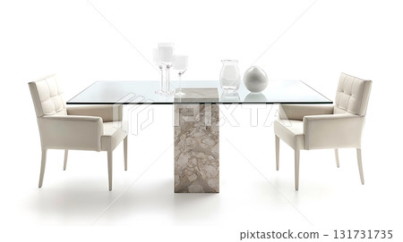 A glass table with two white chairs and a vase on it 131731735