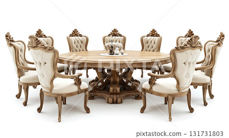 A large round dining table with eight chairs around it 131731803