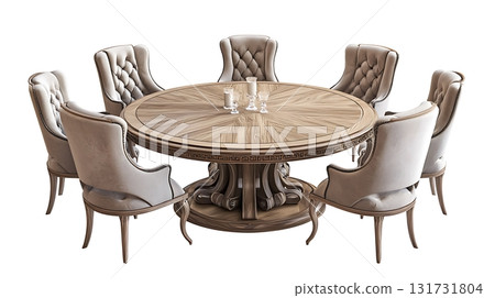 A round wooden dining table with six chairs around it A round wooden dining table with six chairs around it 131731804