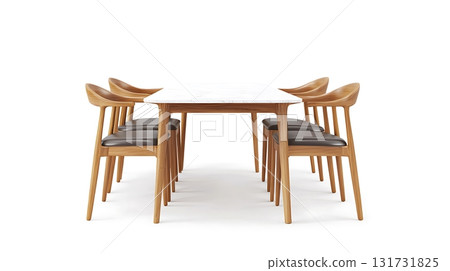 A wooden dining table with six chairs around it 131731825