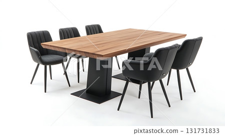 A wooden table with six black chairs around it 131731833