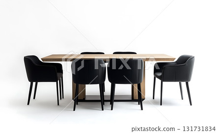A wooden dining table with six black chairs around it 131731834