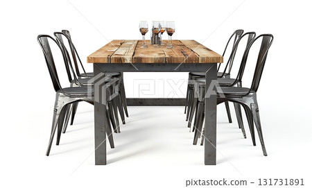 A wooden dining table with six chairs around it 131731891