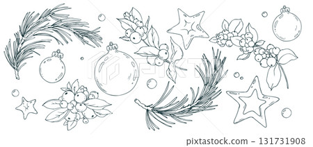A grand collection of multiple snowberry and pine branches, Christmas balls, and stars. This comprehensive monochrome set is perfect for all-in-one holiday designs and artwork. 131731908