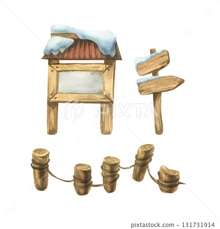 Clipart set with snowy wooden signposts, fences, and rustic elements, hand-painted watercolor illustration, perfect for Christmas crafts, invitations, greeting cards, and holiday decoration. 131731914