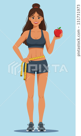 Fit woman holding apple measuring waist tape Fit woman holding apple measuring waist tape 131731973