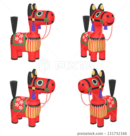 Illustration material of the zodiac: Year of the Horse, Horse bobblehead doll (1), Red, Set of four cut dolls (2) 131732166
