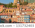 Colorful balconies and mosque tower in Tbilisi Georgia 131732403