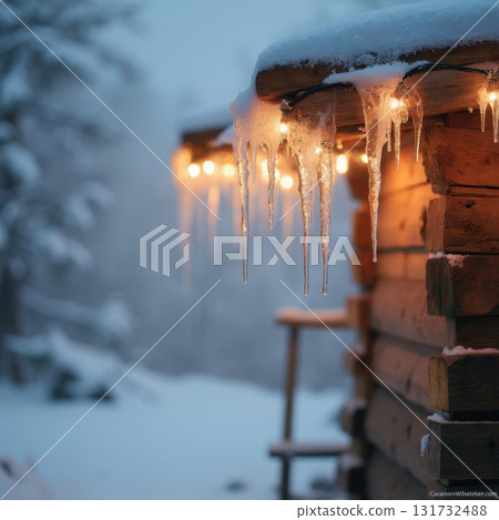A wooden cabin with icicles hanging from the roof 131732488