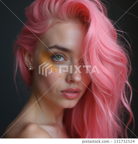 A woman with pink hair and orange eyeshadow 131732524