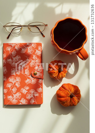 Autumn Flat Lay with Coffee Mug, Pumpkins and Seasonal Decor Autumn Flat Lay with Coffee Mug, Pumpkins and Seasonal Decor 131732636