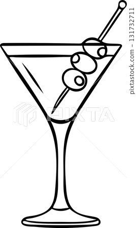 Hand-drawn black and white icon of an elegant margarita cocktail with olives, sketch style illustration of a classic martini drink. Simple doodle for bar menu and luxury themes Hand-drawn black and white icon of an elegant margarita cocktail with olives, sketch style illustration of a classic martini drink. Simple doodle for bar menu and luxury themes 131732711