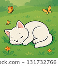 White kitten sleeping on green meadow flowers 131732766