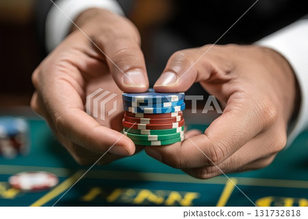 Close-up of poker chips held in hands at casino table, gambling and betting concept with soft focus background Close-up of poker chips held in hands at casino table, gambling and betting concept with soft focus background 131732818