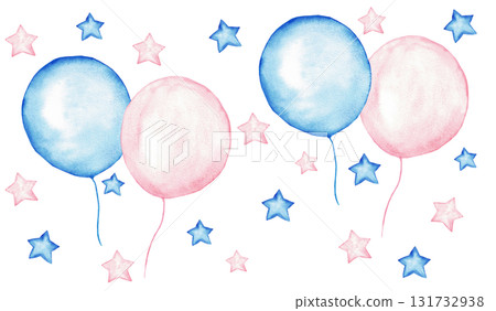 Pink and blue watercolor illustration with balloons and stars for gender reveal party, baby shower, birthday, baptism, boy or girl party. Hand drawn. For invitation, card, poster, banner Pink and blue watercolor illustration with balloons and stars for gender reveal party, baby shower, birthday, baptism, boy or girl party. Hand drawn. For invitation, card, poster, banner 131732938