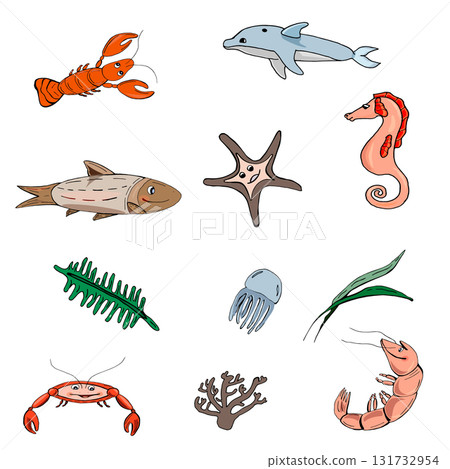 A collection of hand drawn sea creatures including a starfish, a crab, a fish, a dolphin on white background 131732954