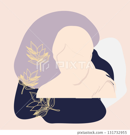 A contour of woman's face in abstract style with golden leaves and abstract shapes in background 131732955