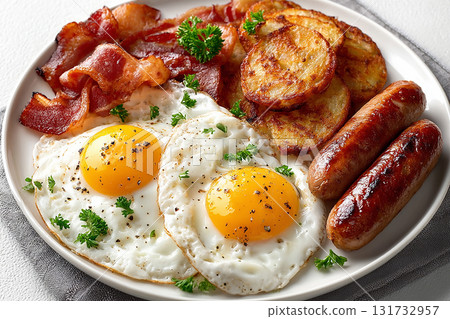 Egg-based breakfast. American buffet breakfast. Scrambled eggs, bacon, sausage and hash browns in plate on a white background. Traditional dish. 131732957