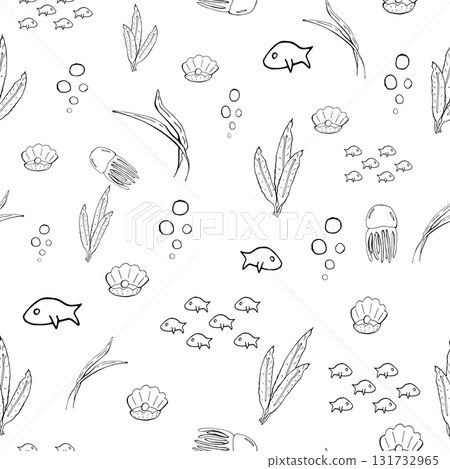 A black and white drawing of fish and sea creatures, seamless pattern A black and white drawing of fish and sea creatures, seamless pattern 131732965