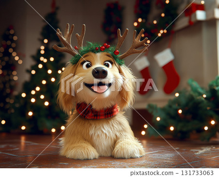 3D rendering. New Year and Christmas concepts with dog in headband with deer antlers. A vivid, high-detail Christmas scene. 131733063