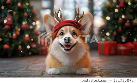 3D rendering. New Year and Christmas concepts with Welsh Corgi dog in headband with deer antlers . A vivid, high-detail Christmas scene. The dog is set against backdrop of snowy forest 3D rendering. New Year and Christmas concepts with Welsh Corgi dog in headband with deer antlers . A vivid, high-detail Christmas scene. The dog is set against backdrop of snowy forest 131733073