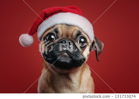 Comical French Bulldog dog wearing classic red Santa Claus hat, posing with serious yet funny expression in front of solid red background, 3D rendering 131733074