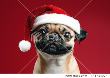 Comical French Bulldog dog wearing classic red Santa Claus hat, posing with serious yet funny expression in front of solid red background, 3D rendering 131733076