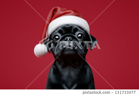 Comical French Bulldog dog wearing classic red Santa Claus hat, posing with serious yet funny expression in front of solid red background, 3D rendering Comical French Bulldog dog wearing classic red Santa Claus hat, posing with serious yet funny expression in front of solid red background, 3D rendering 131733077