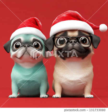 Comical French Bulldog dogs wearing classic red Santa Claus hat, posing with serious yet funny expression in front of solid red background, 3D rendering Comical French Bulldog dogs wearing classic red Santa Claus hat, posing with serious yet funny expression in front of solid red background, 3D rendering 131733080
