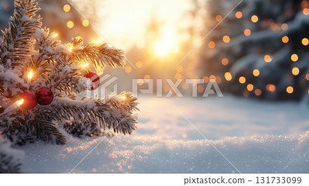 Abstract background with snow and winter theme. Winter landscape. Winter nature scene with bokeh, blurred lights. Shiny white snow in the foreground and blurred snow-covered trees on blue sky Abstract background with snow and winter theme. Winter landscape. Winter nature scene with bokeh, blurred lights. Shiny white snow in the foreground and blurred snow-covered trees on blue sky 131733099