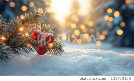 Close-up snow-covered fir tree branch glowing with soft holiday lights, creating magical and warm Christmas atmosphere golden bokeh background. Winter landscape. 131733100