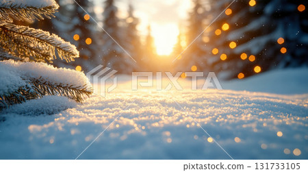 Close-up snow-covered fir tree branch glowing with soft holiday lights, creating magical and warm Christmas atmosphere golden bokeh background. Winter landscape. Close-up snow-covered fir tree branch glowing with soft holiday lights, creating magical and warm Christmas atmosphere golden bokeh background. Winter landscape. 131733105