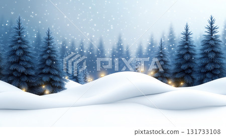 Abstract background snow and winter theme. Winter landscape. Winter nature scene with bokeh, blurred lights. Shiny white snow in the foreground and blurred snow-covered trees on blue sky Abstract background snow and winter theme. Winter landscape. Winter nature scene with bokeh, blurred lights. Shiny white snow in the foreground and blurred snow-covered trees on blue sky 131733108