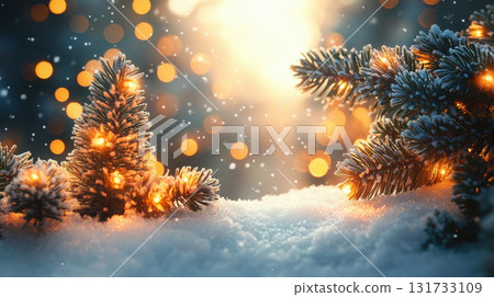 Abstract background snow and winter theme. Winter landscape. Winter nature scene with bokeh, blurred lights. Shiny white snow in the foreground and blurred snow-covered trees on blue sky Abstract background snow and winter theme. Winter landscape. Winter nature scene with bokeh, blurred lights. Shiny white snow in the foreground and blurred snow-covered trees on blue sky 131733109