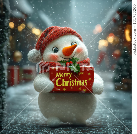 Cheerful snowman with red scarf holding yellow gift box labeled "Merry Christmas", blue festive background. cartoon style, 3D rendering 131733200