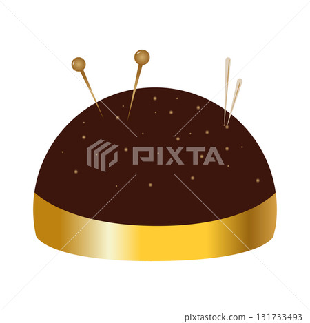 Gold brouwn pincushion with goud pins embedded in a dome shape for sewing.  131733493