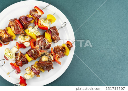 Raw Meat Shish Kebab, Marinated Meat. 131733507