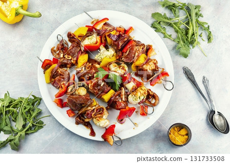 Appetizing fresh raw uncooked shish kebab. 131733508