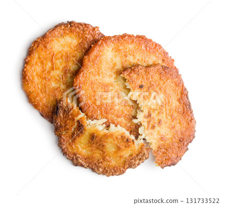 Fried potato pancakes isolated on white background. 131733522