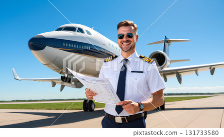 smiling male pilot with folder is standing near the plane 131733580